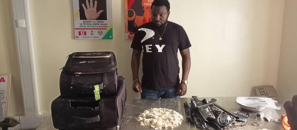 Operatives of the National Drug Law Enforcement Agency (NDLEA), have arrested an ex-footballer, Okafor Emmanuel Junior at the Murtala Muhammed International Airport, Ikeja, Lagos, on his arrival from Sao Paulo, Brazil via Addis Ababa, Ethiopia on board an Ethiopian airlines flight with 1.40kg crack cocaine conce