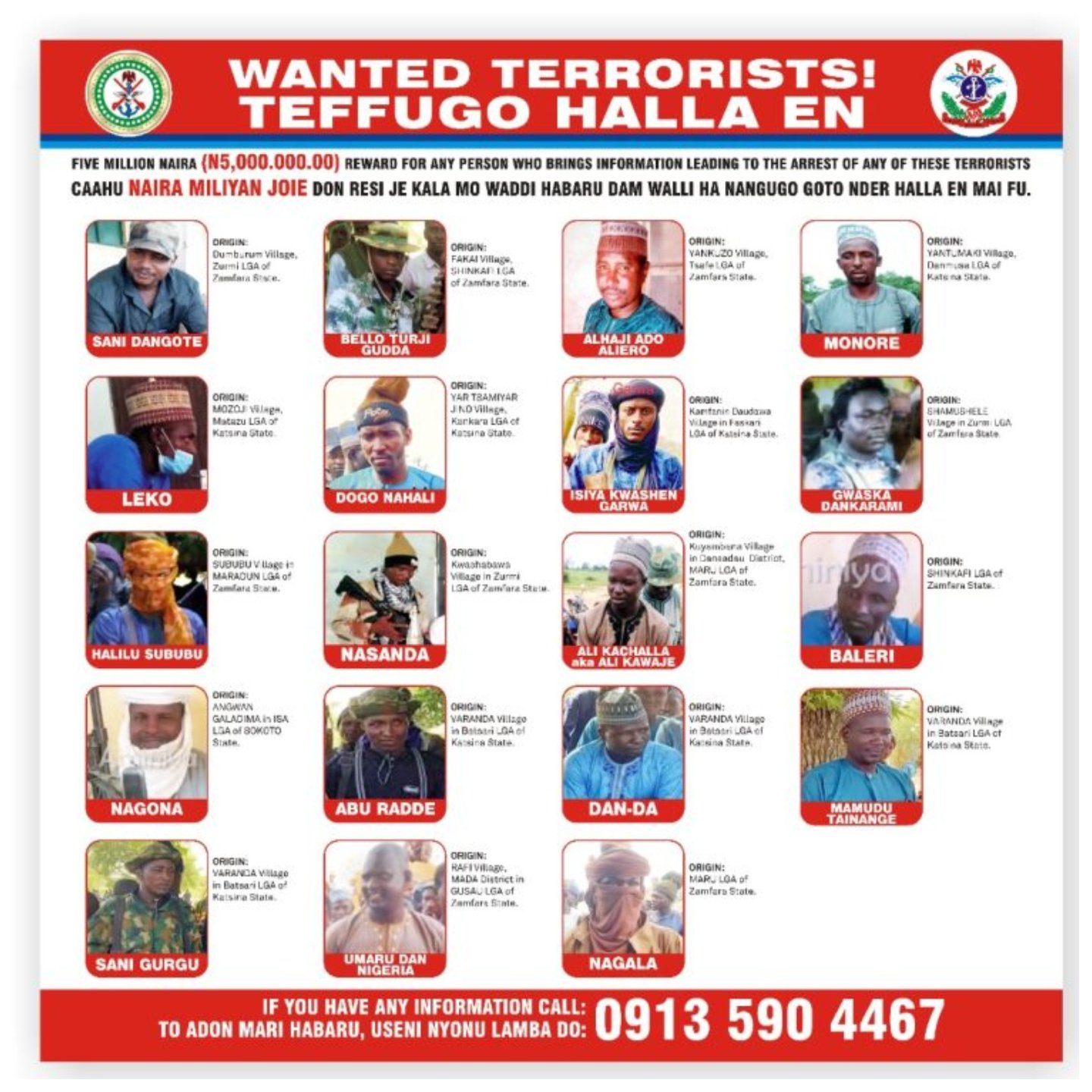 DHQ declares 19 terrorists wanted, places N5m bounty on each