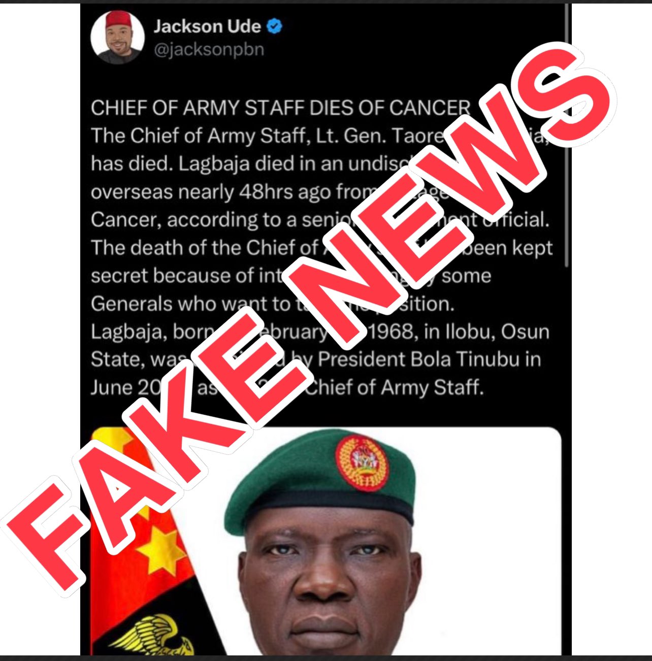 Nigerian Army Debunks Rumoured Death of COAS Lagbaja, Labels Reports as 'Mischief'